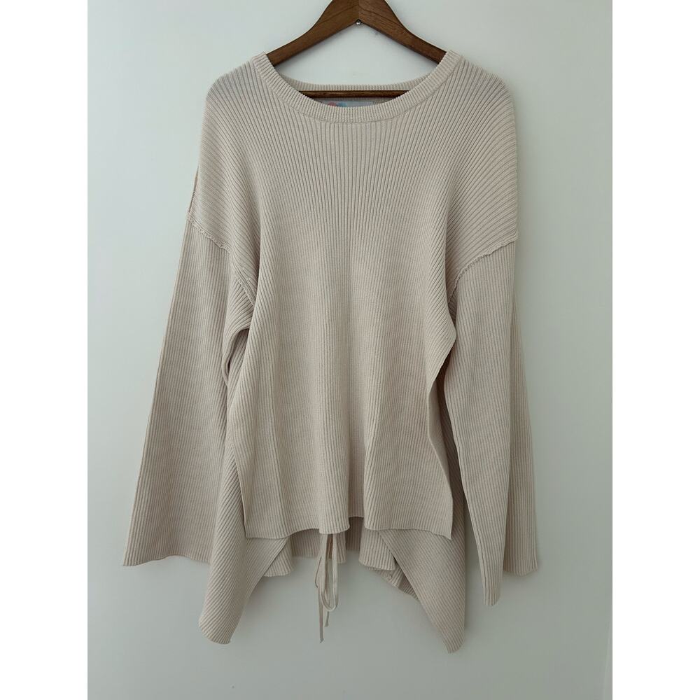 NWT Free People FP Beach Brig Tie-Front Pullover Tunic Sweater Ivory Tan $98 M